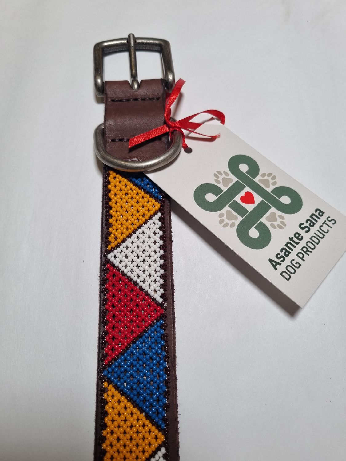 Asante Sana COLLAR - African Hand Beaded Leather TRIANGLES Tan LG