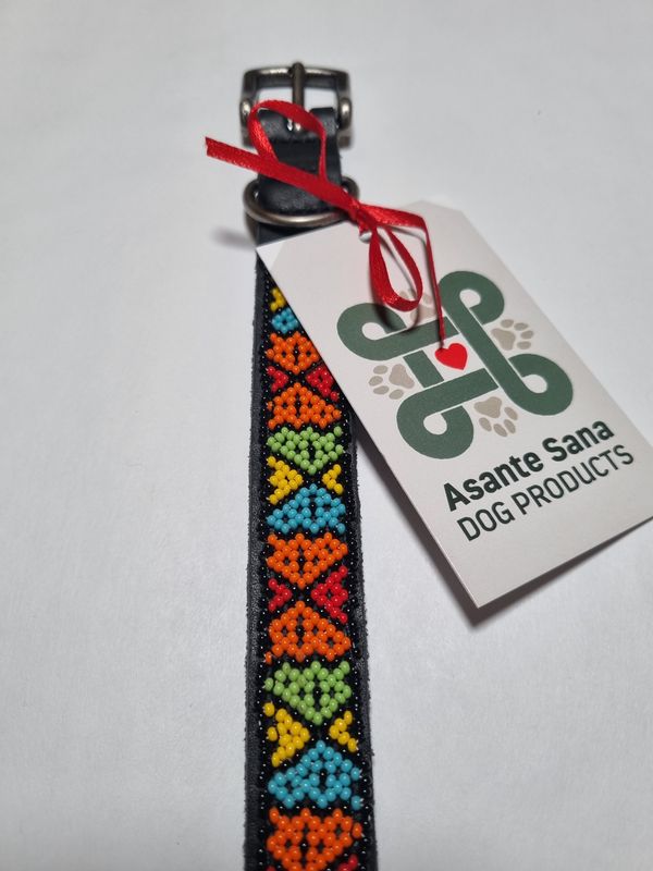 Asante Sana COLLAR - African Hand Beaded Leather DIAMONDS Black SM