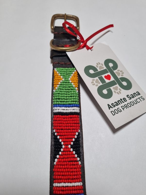 Asante Sana COLLAR - African Hand Beaded Leather HOURGLASS Tan MED