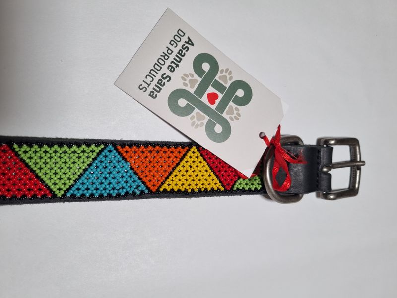 Asante Sana COLLAR - African Hand Beaded Leather TRIANGLES Black LG