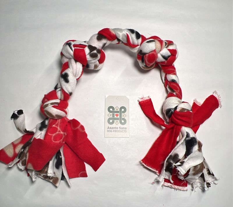 Asante Sana Fleece Tug Toy- with. Two knots - Red and White-large