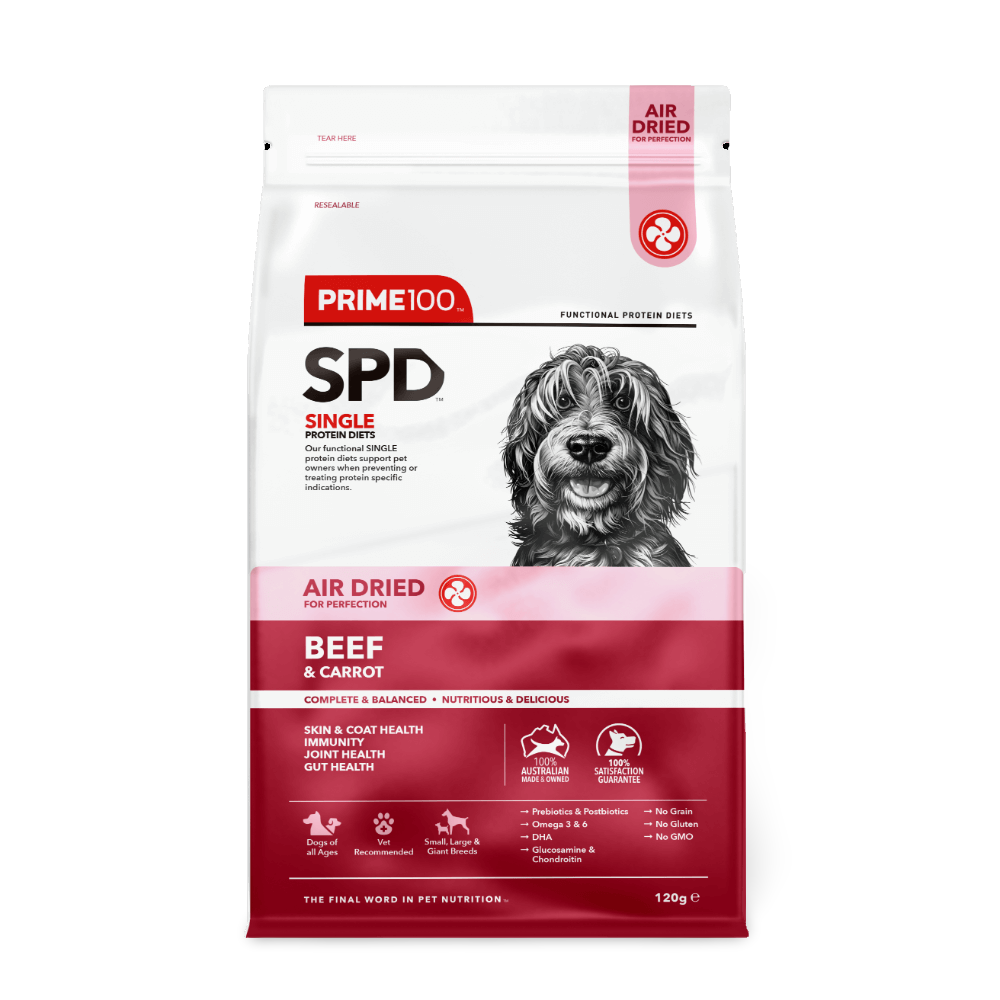 Prime100 Single Protein Diet Air Dried Kibble. 120 grams. Beef and Carrot