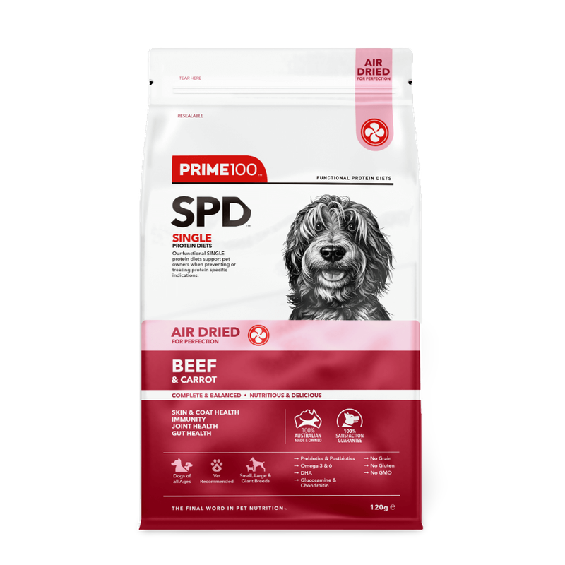 Prime100 Single Protein Diet Air Dried Kibble. 120 grams. Beef and Carrot