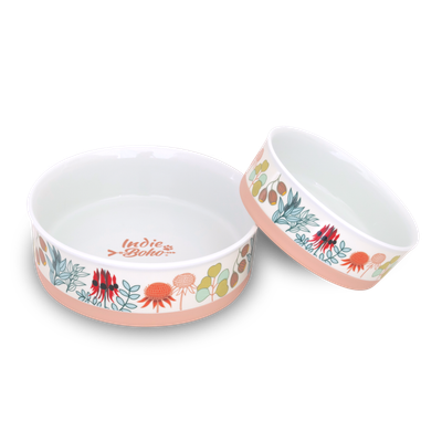 Indie Boho Designer Ceramic Pet Bowls - Native Flora (Set of 2 - Med &amp; LG)