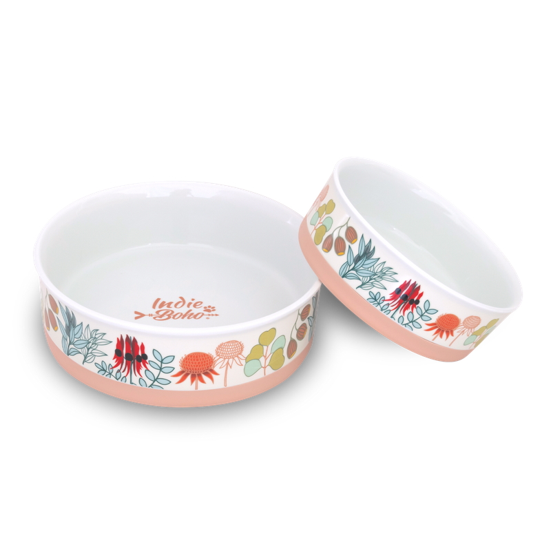 Indie Boho Designer Ceramic Pet Bowls - Native Flora (Set of 2 - Med & LG) Indie Boho Designer Ceramic Pet Bowls - Native Flora (Set of 2 - Med & LG)