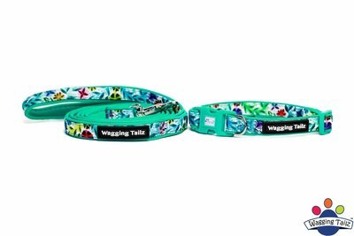 Wagging Tailz,  Dahlia Teal Collar and Lead Set