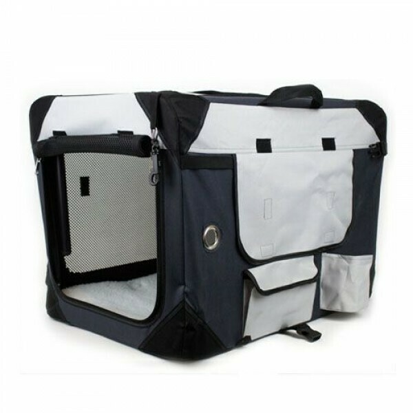 Portable, Soft, Canvas, Pet Crate MEDIUM  - Grey &amp; Black