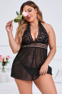 Black Lace Mesh Patch Halter Plus Size Lingerie Set