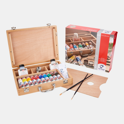 Acrylverf in kist Basic met 10 kleuren in tubes van 40 ml + accessoires