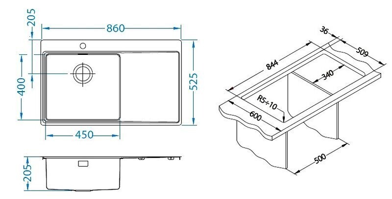 Pure 50 keittiöallas 860x525 mm – RST, työskentelytasolla, vasen/oikea