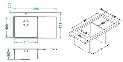Pure 50 keittiöallas 860x525 mm – RST, työskentelytasolla, vasen/oikea