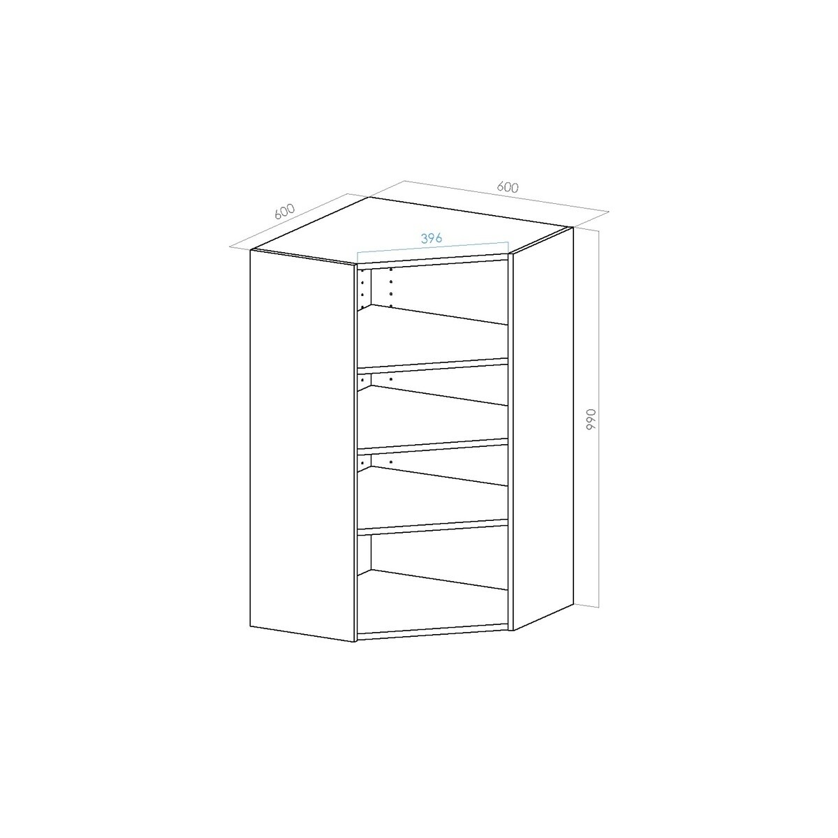 Sisäyläkulmakaappi / nurkkakaappi - 990x600x600x305mm