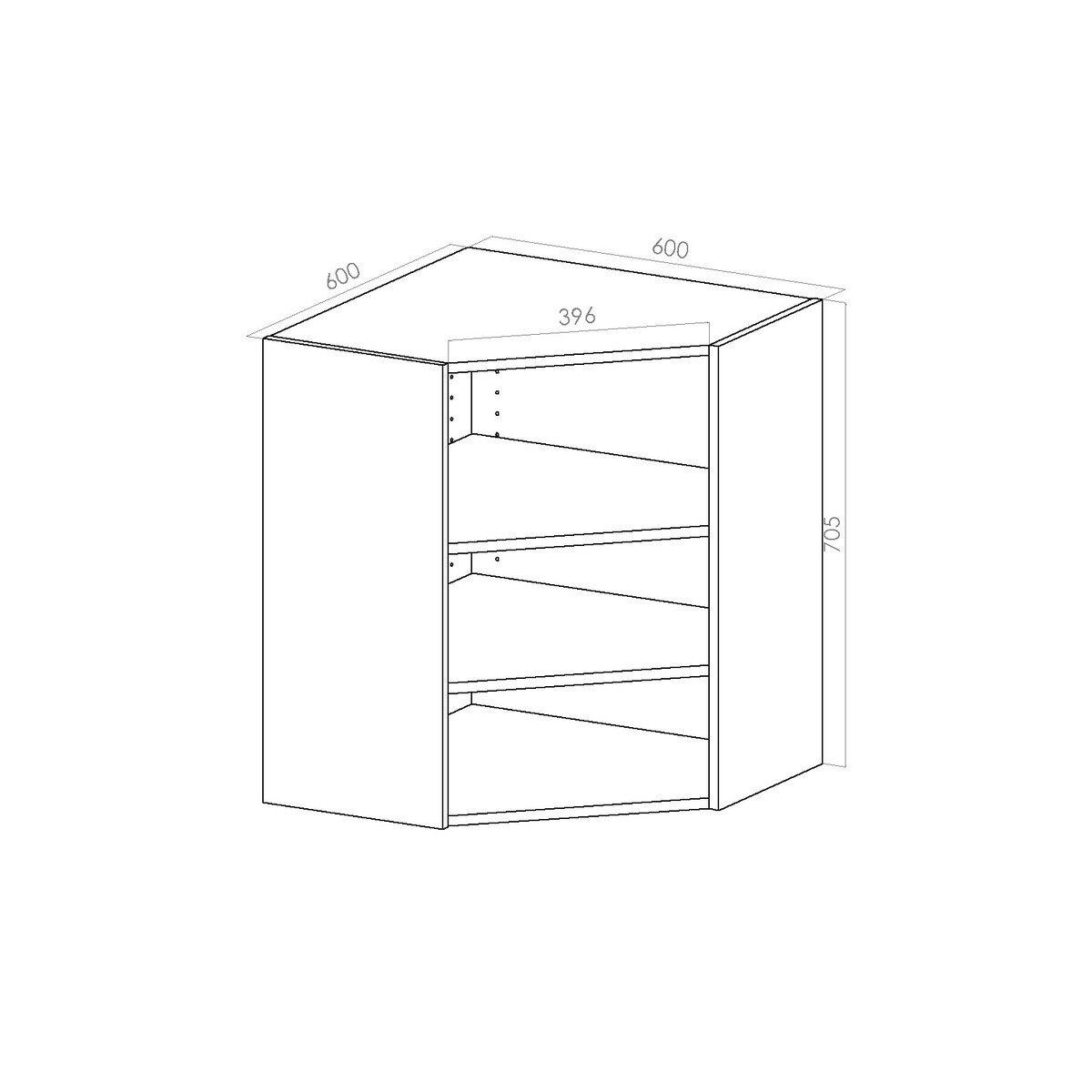 Sisäyläkulmakaappi / nurkkakaappi - 705x600x600x305mm