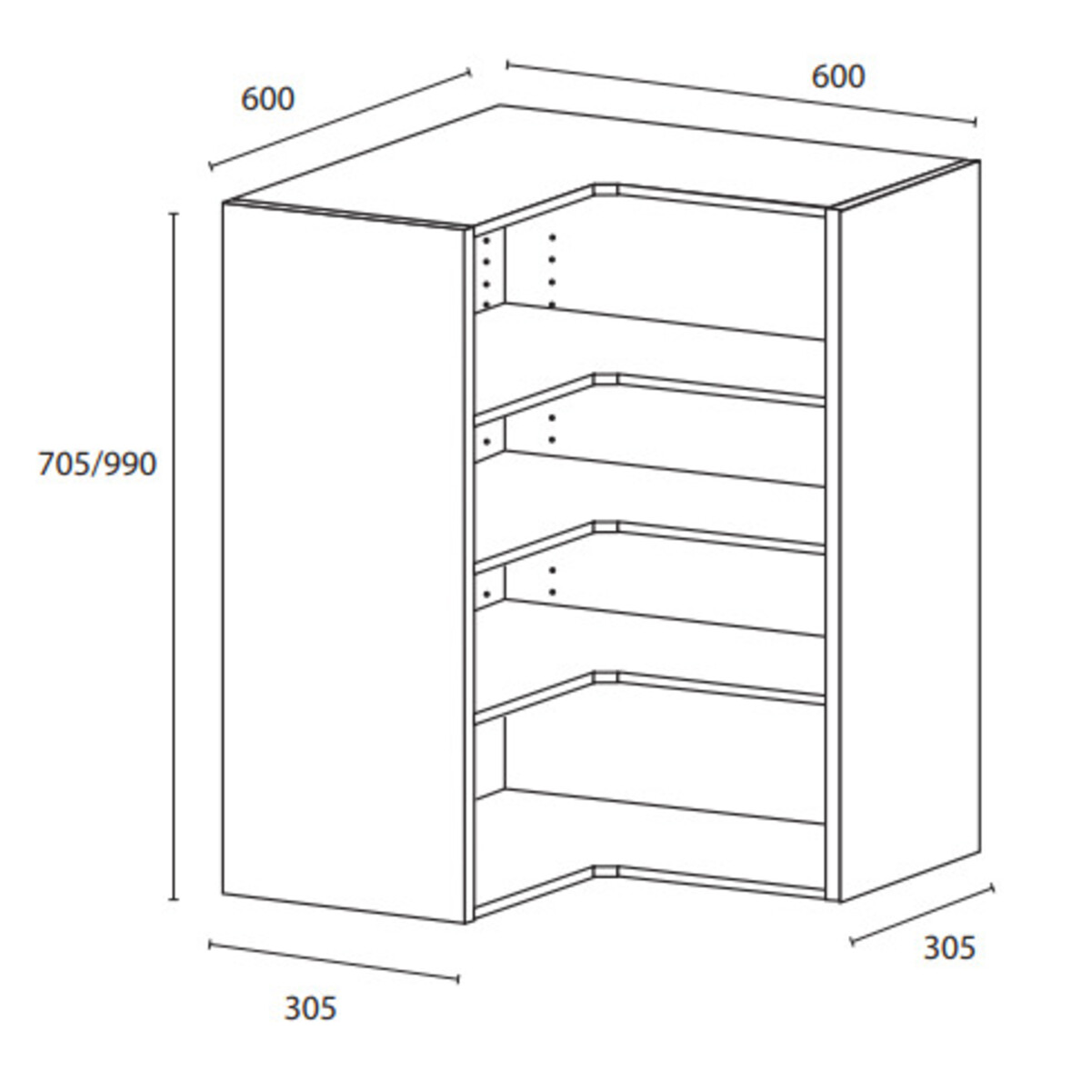 Yläkulmakaappi L-malli - 705x600x600x305mm