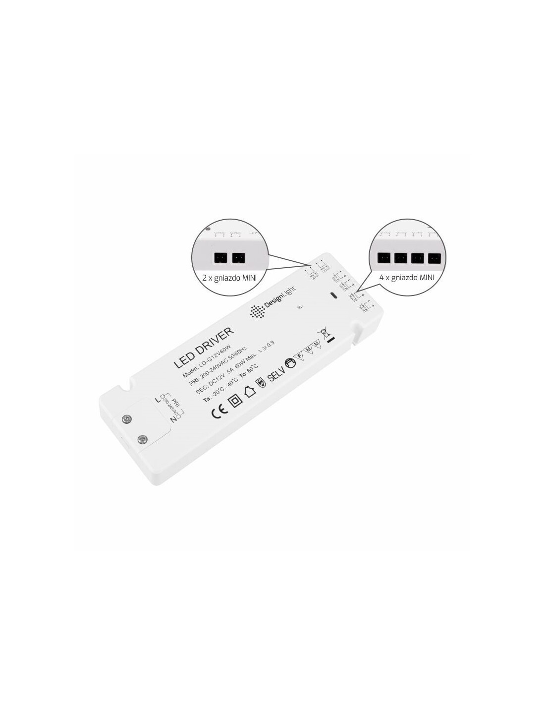 LED muuntaja 12V - 60W - 6 kpl MINI-liittimiä