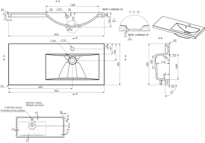 CLEVER 900 R (oikea) valumarmoriallas - L902 x S390mm