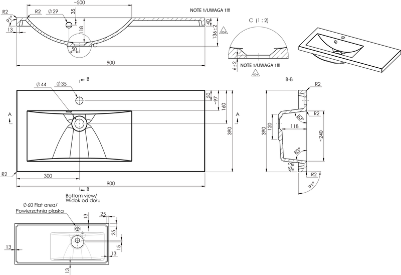 CLEVER 900 L (vasen) valumarmoriallas - L902 x S390mm