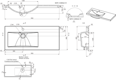 CLEVER 900 L (vasen) valumarmoriallas - L902 x S390mm