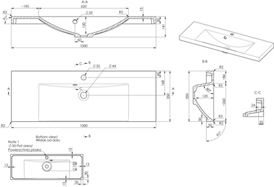 AALTO 1000 C valumarmoriallas matta - L1000 x S350mm