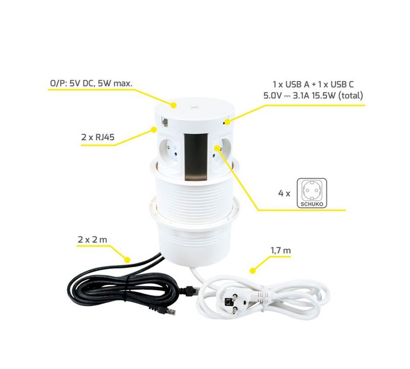SOLINA RING SUPER -pistorasia, 2xUSB A&amp;C + 4xpistoke + 2xRJ-45 + LANGATON LATAUS - valkoinen