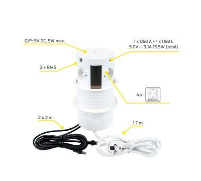 SOLINA RING SUPER -pistorasia, 2xUSB A&amp;C + 4xpistoke + 2xRJ-45 + LANGATON LATAUS - valkoinen