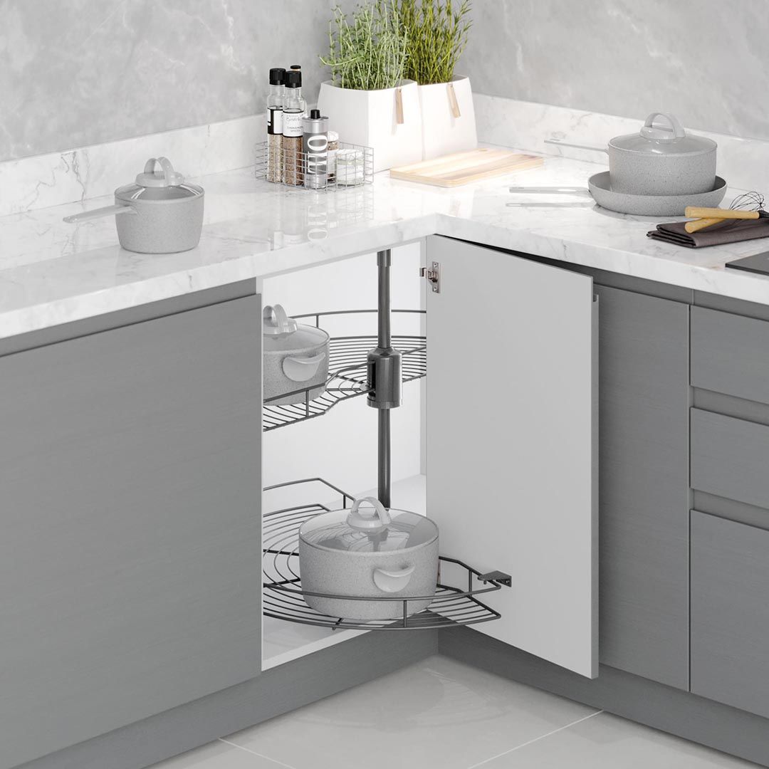 1/2 kulmakaapin karuselli - Ø740mm - ovi min. 450mm - kromi tai antrasiitti