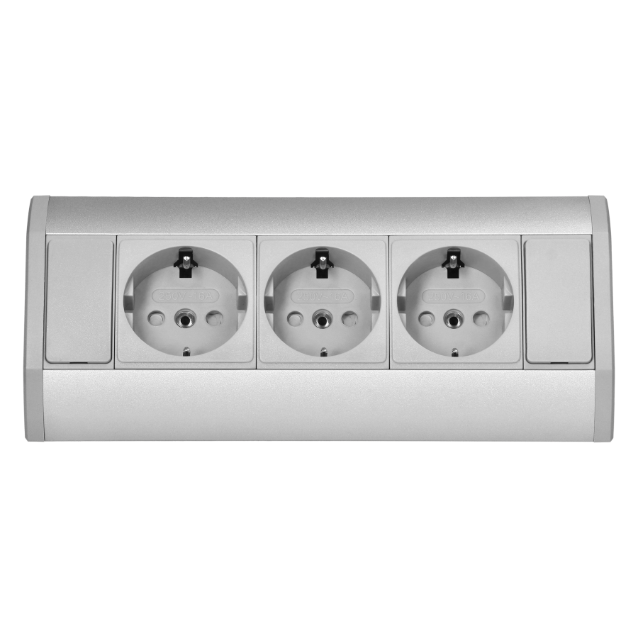 Kalustepistorasia 3x Schuko pistoke, harmaa-hopea