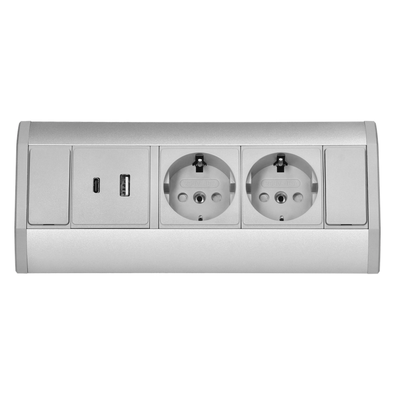 Kalustepistorasia 2x Schuko pistoke, 2xUSB (A+C-tyyppi, 2,4A), harmaa-hopea