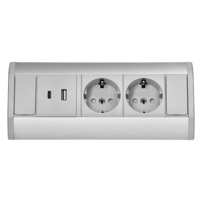 Kalustepistorasia 2x Schuko pistoke, 2xUSB (A+C-tyyppi, 2,4A), harmaa-hopea