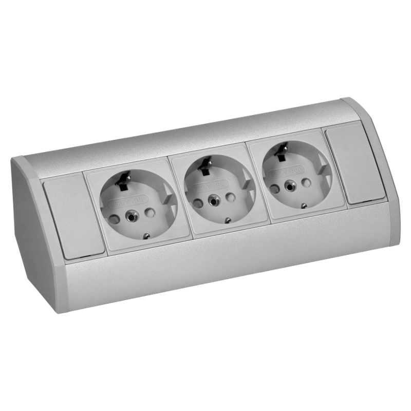 Kalustepistorasia 3x Schuko pistoke, harmaa-hopea