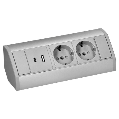 Kalustepistorasia 2x Schuko pistoke, 2xUSB (A+C-tyyppi, 2,4A), harmaa-hopea