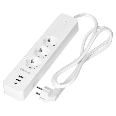 Tuya Smart Wi-Fi jatkojohto - 3 pistorasia kytkimellä ja 2x USB (A+C) porttia, Valkoinen