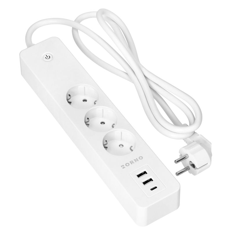 Tuya Smart Wi-Fi jatkojohto - 3 pistorasia kytkimellä ja 2x USB (A+C) porttia, Valkoinen