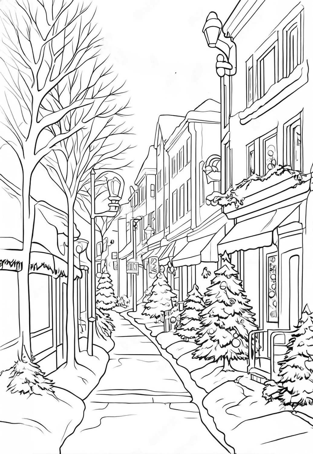 Värityskuva - väritystaulu - Talvinen kaupunki