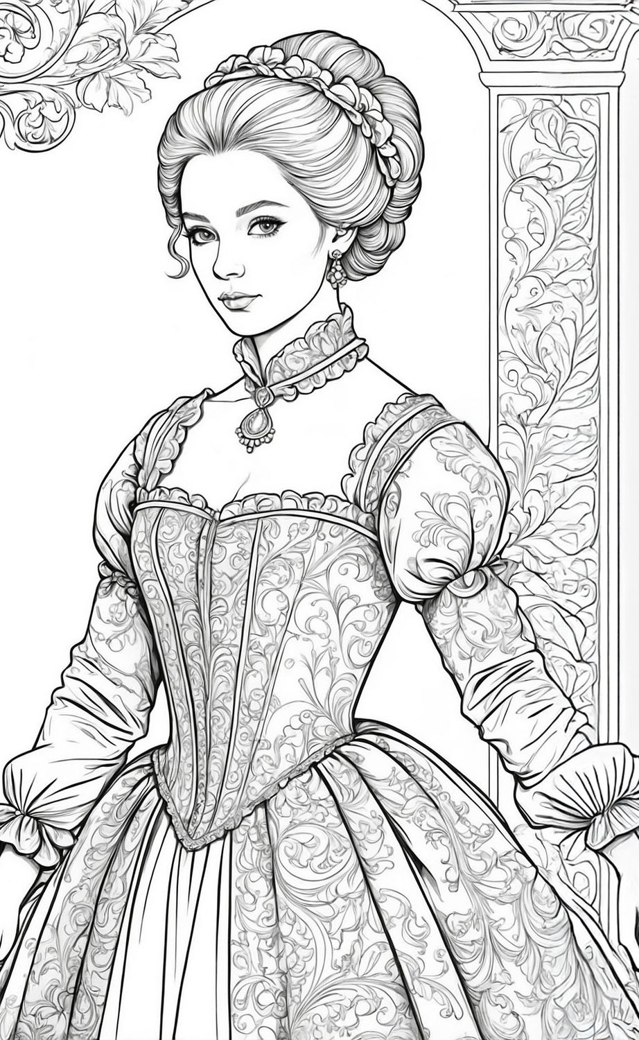 Värityskuva - väritystaulu - Renessanssi-neito