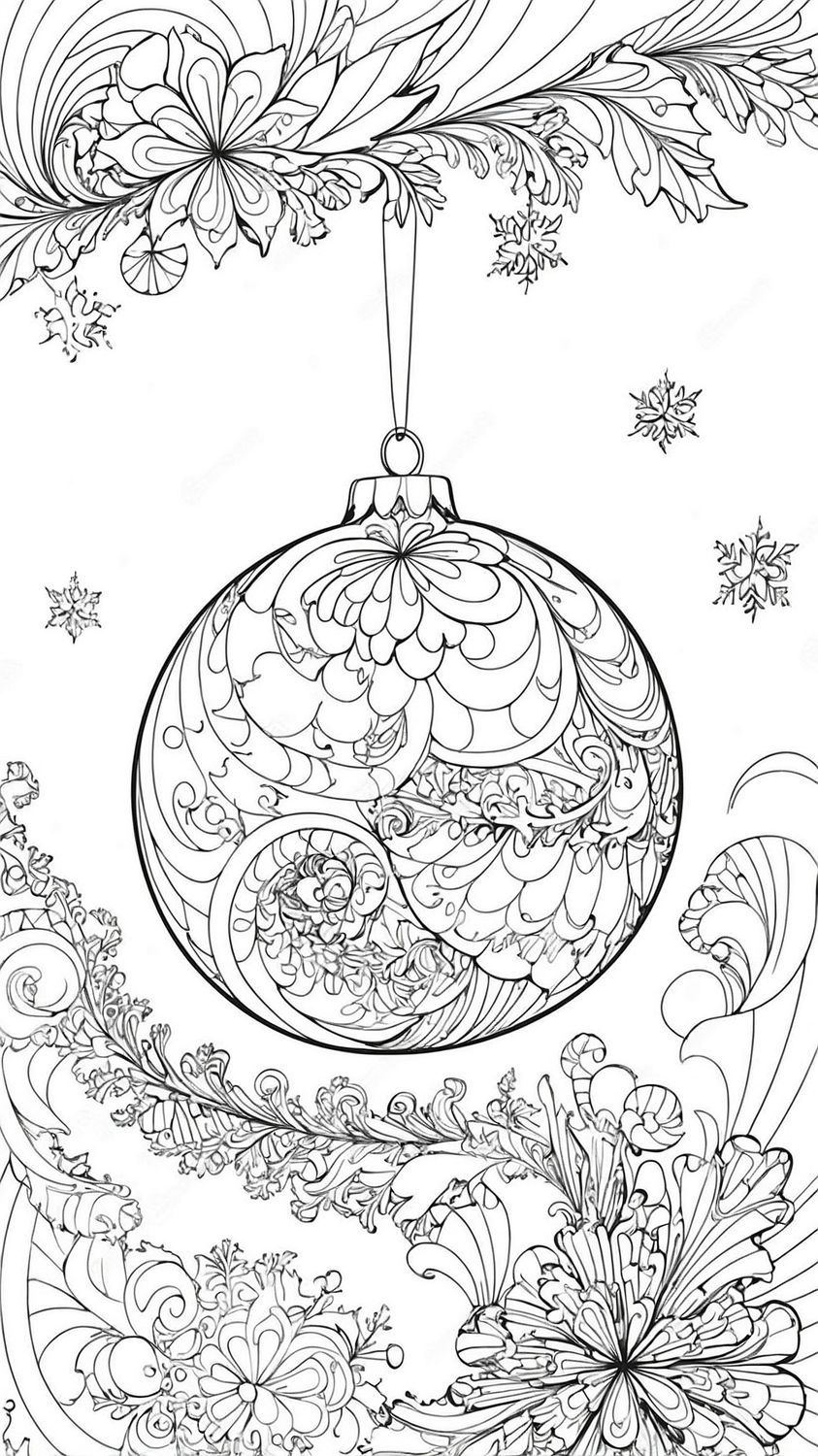 Värityskuva - väritystaulu - joulupallo + kukat
