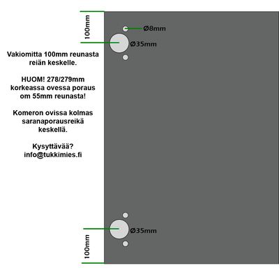 Kalusteoven saranaporauksen mitoitus: 100 mm reunasta, 279 mm ovessa 55 mm