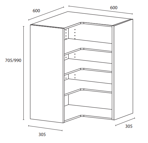 Sisäyläkulmakaappi / nurkkakaappi L-malli - 990x600x600x305mm
