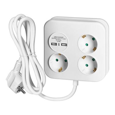 Jatkojohto 3x2P+E (Schuko) + 2x USB-A -laturi, 1,4 m kaapeli