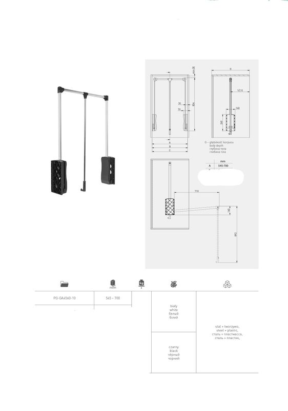 Vaatehissi / henkarihissi - kaapin sisäleveys 545-700mm