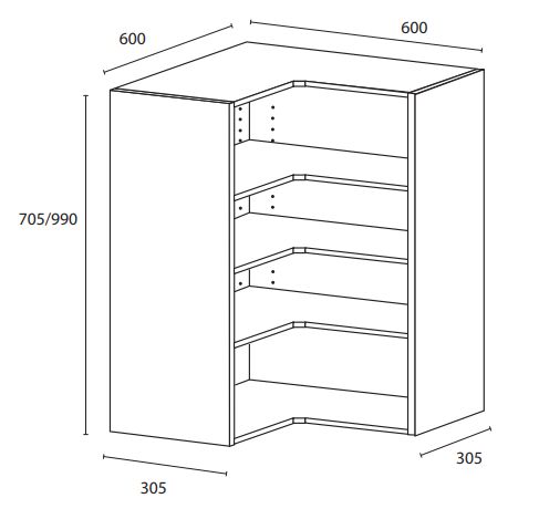 Sisäyläkulmakaappi / nurkkakaappi L-malli - 990x600x600x305mm