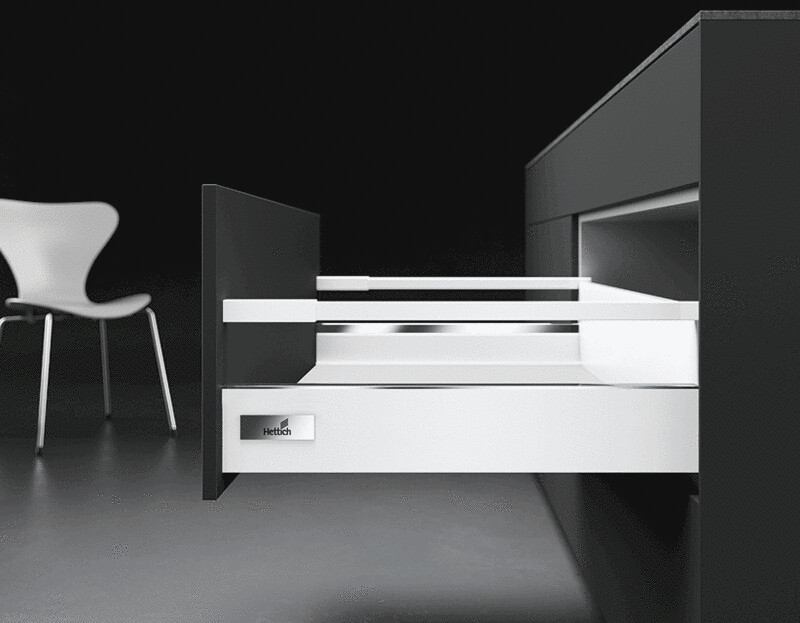 Hettich Atira hidastinlaatikko - S 520mm - K 144mm/irtolaita+reelingit - Harmaa tai valkoinen - Vakio leveydet 300-1200mm - 16/18mm runko