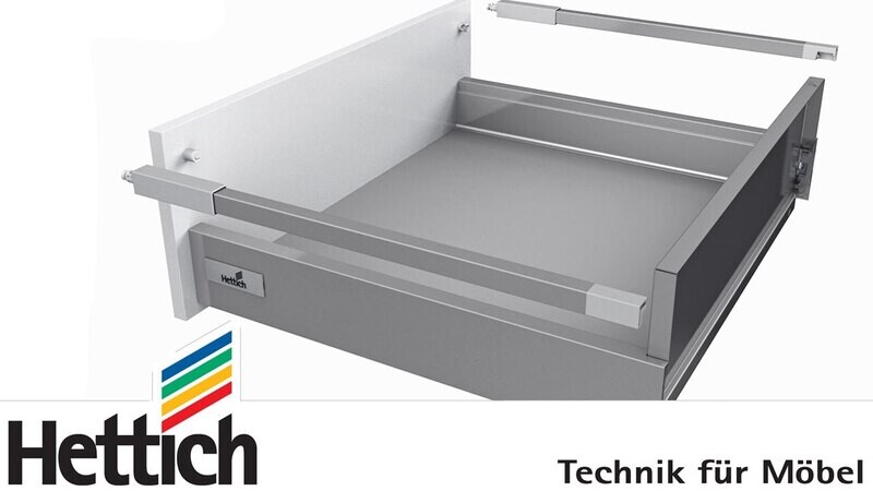 Hettich Atira hidastinlaatikko - S 520mm - K 144mm/irtolaita+reelingit - Harmaa tai valkoinen - Vakio leveydet 300-1200mm - 16/18mm runko