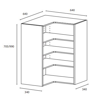 Yläkulmakaappi L-malli - 990x640x640x340mm - kosteudenkestävä