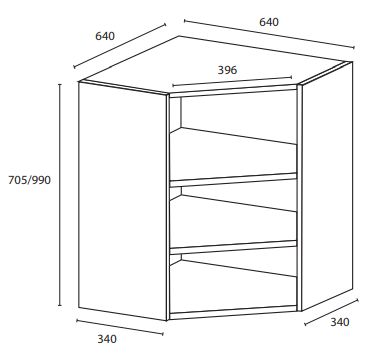 Sisäyläkulmakaappi / nurkkakaappi - 990x640x640x340mm - kosteuden kestävä