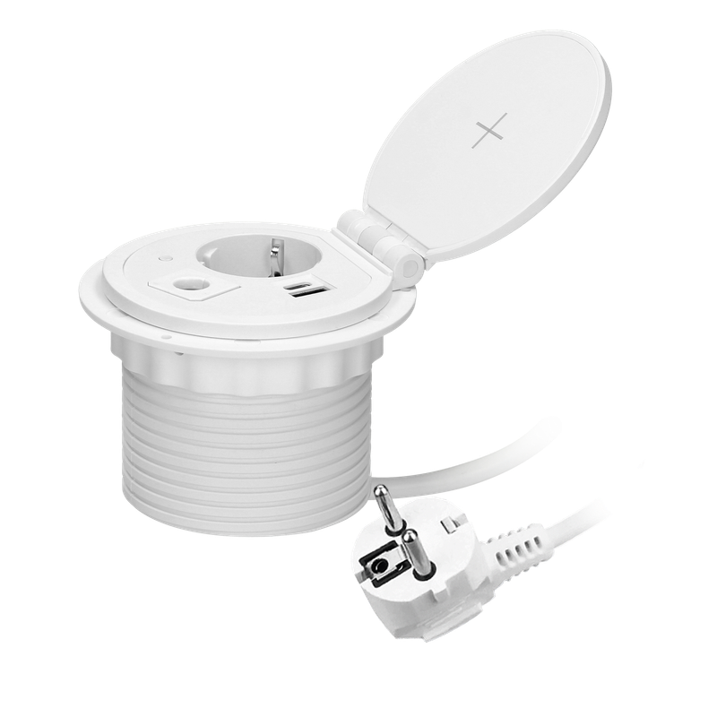 Upotettava pistorasia induktiolaturilla – 1x Schuko, USB-A &amp; USB-C, valkoinen