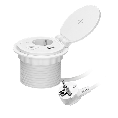 Upotettava pistorasia induktiolaturilla – 1x Schuko, USB-A &amp; USB-C, valkoinen