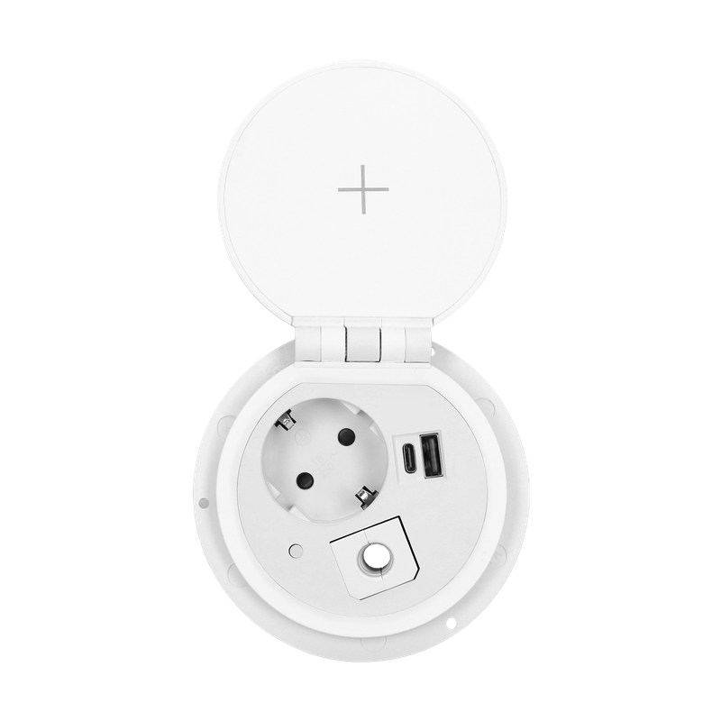 Upotettava pistorasia induktiolaturilla – 1x Schuko, USB-A &amp; USB-C, valkoinen