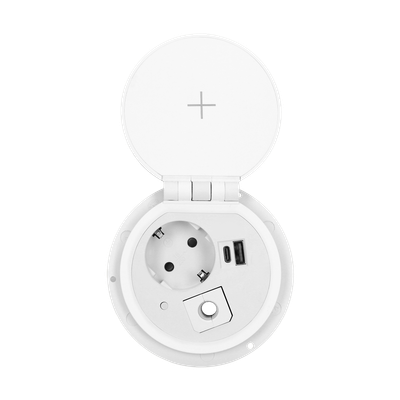 Upotettava pistorasia induktiolaturilla – 1x Schuko, USB-A &amp; USB-C, valkoinen