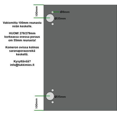 Kalusteoven vakiosaranaporauksen mitoitus 100 mm reunasta, 279 mm ovessa 55 mm